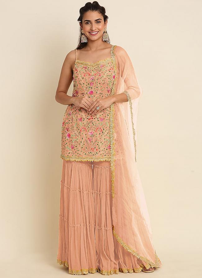 Faux Georgette Peach Wedding Wear Sequins Work Sharara Suit